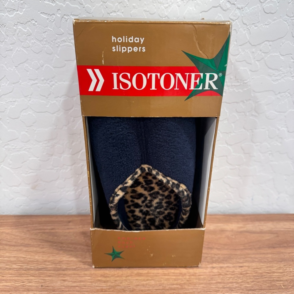 Vintage Isotoner Holiday Slipper Womens Blue Leopard 2003 Gift